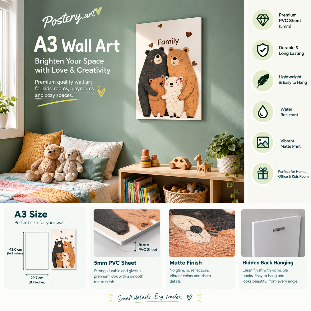 Bear Family A3 Wall Art – Premium 5mm Frameless PVC Print