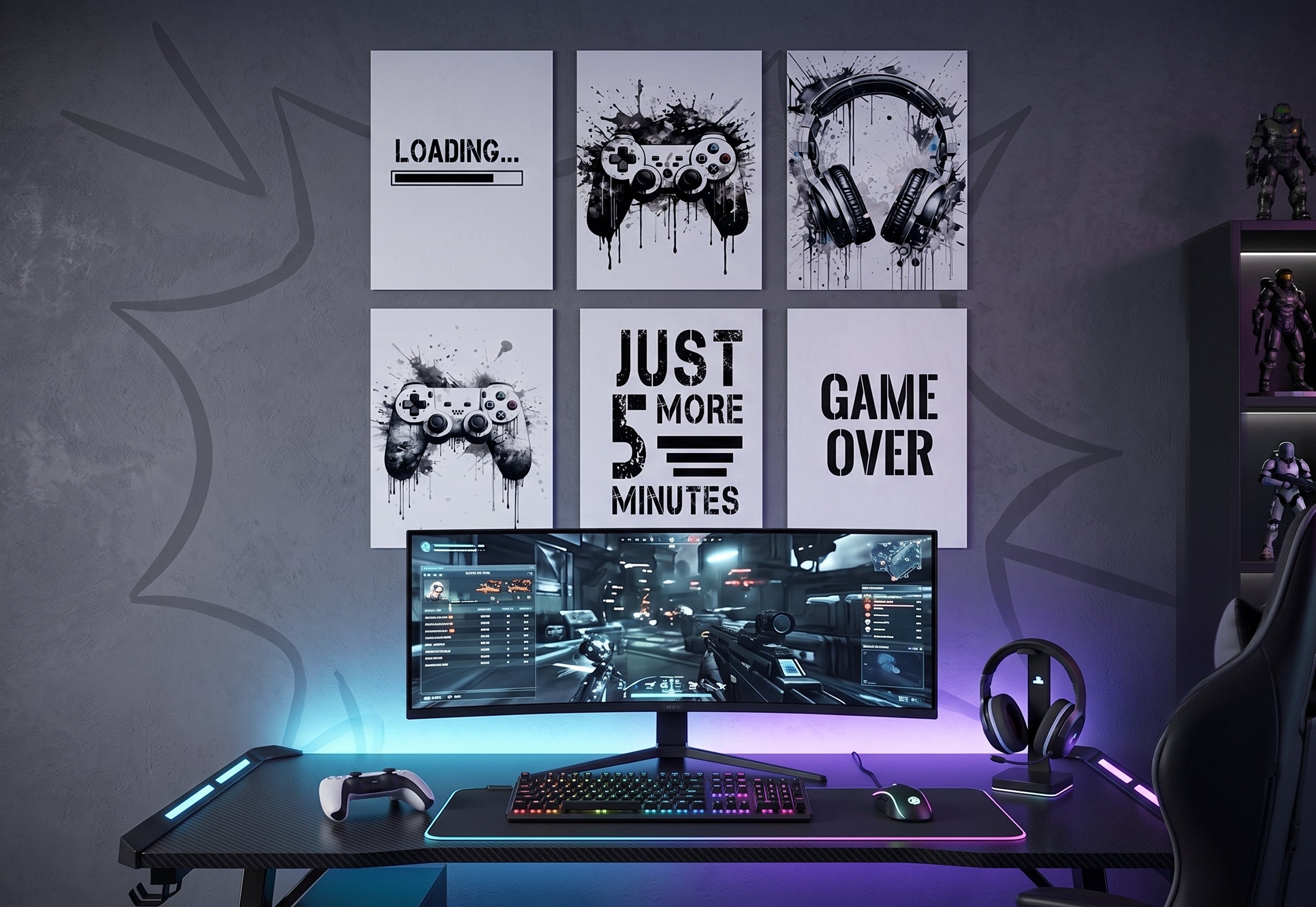 Ultimate Battle Station Gaming PVC Wall Art Set (6-Pack) | Frameless A4 Rigid Boards