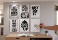 Hustle & Grind Motivational Typography PVC Wall Art Set (6-Pack) | Frameless A4 Rigid Boards