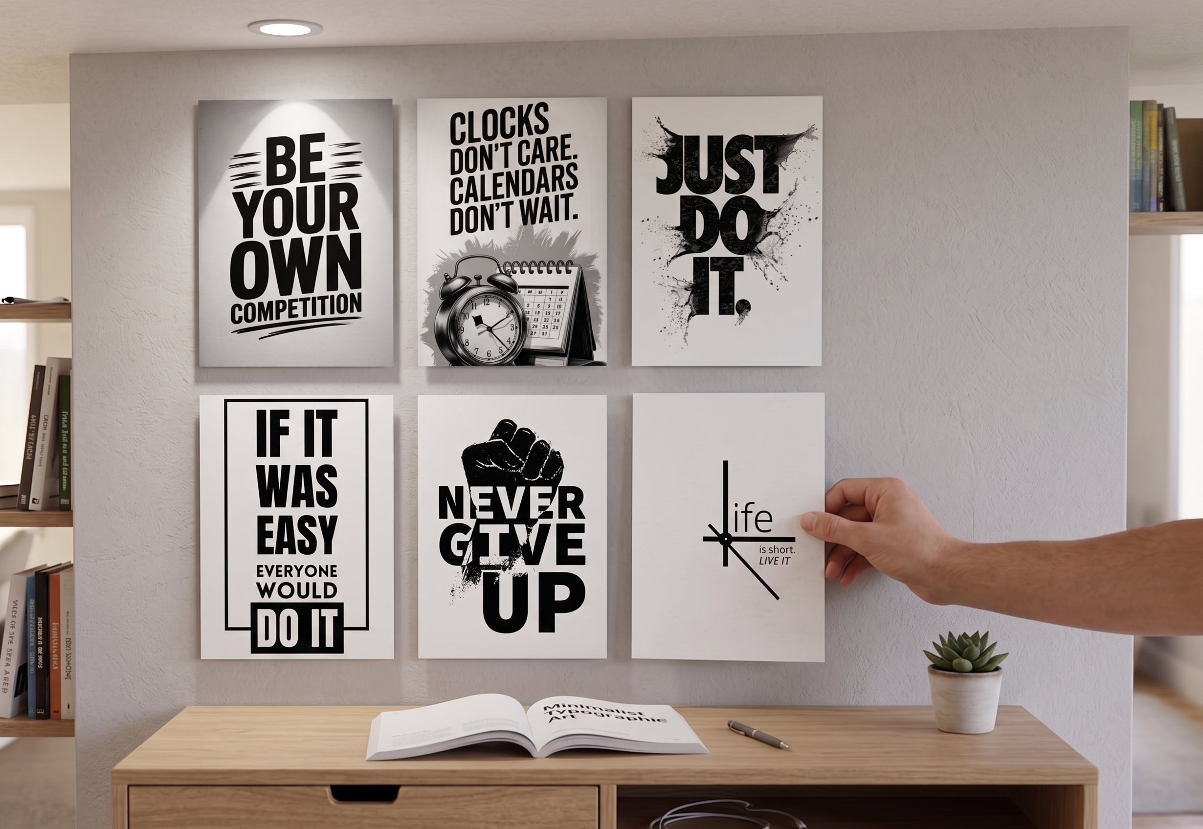 Hustle & Grind Motivational Typography PVC Wall Art Set (6-Pack) | Frameless A4 Rigid Boards