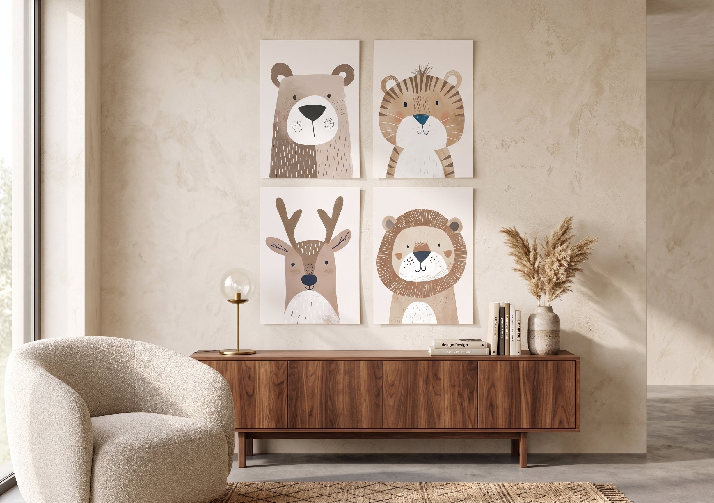 Boho Neutral Safari & Woodland Animal Nursery Wall Art Set (4-Pack) | Frameless A4 PVC Boards