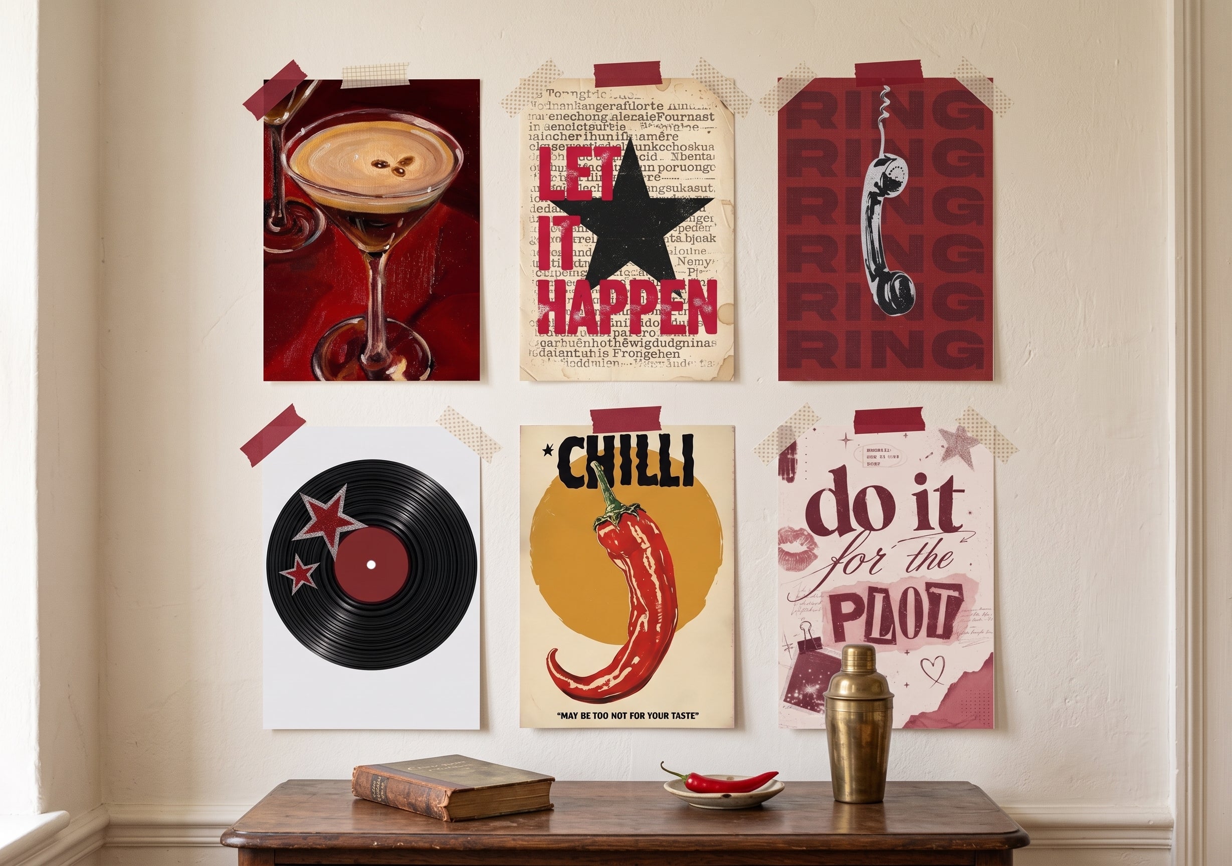"Do It For The Plot" Retro Red Aesthetic Wall Art Set (6-Pack) | Frameless A4 Prints