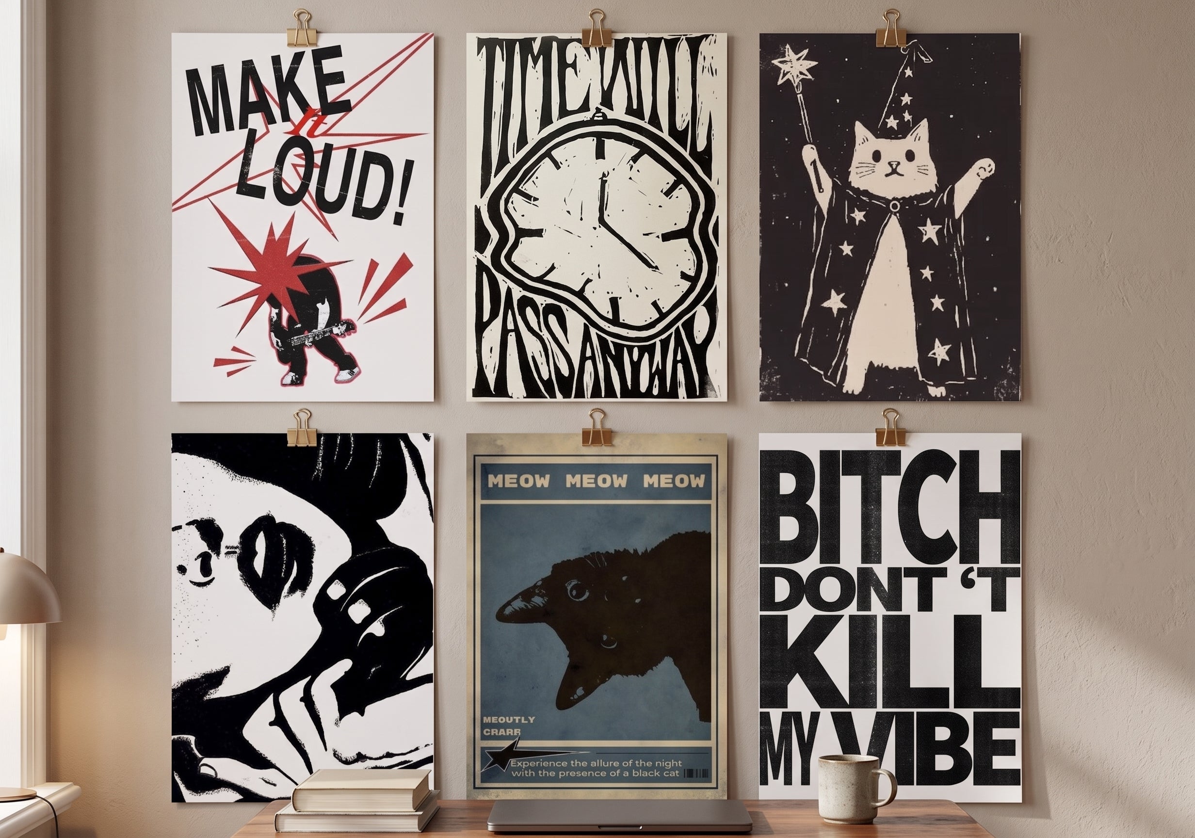 The Edgy Grunge & Retro Vibes Wall Art Set (6-Pack) | Frameless A4 Prints