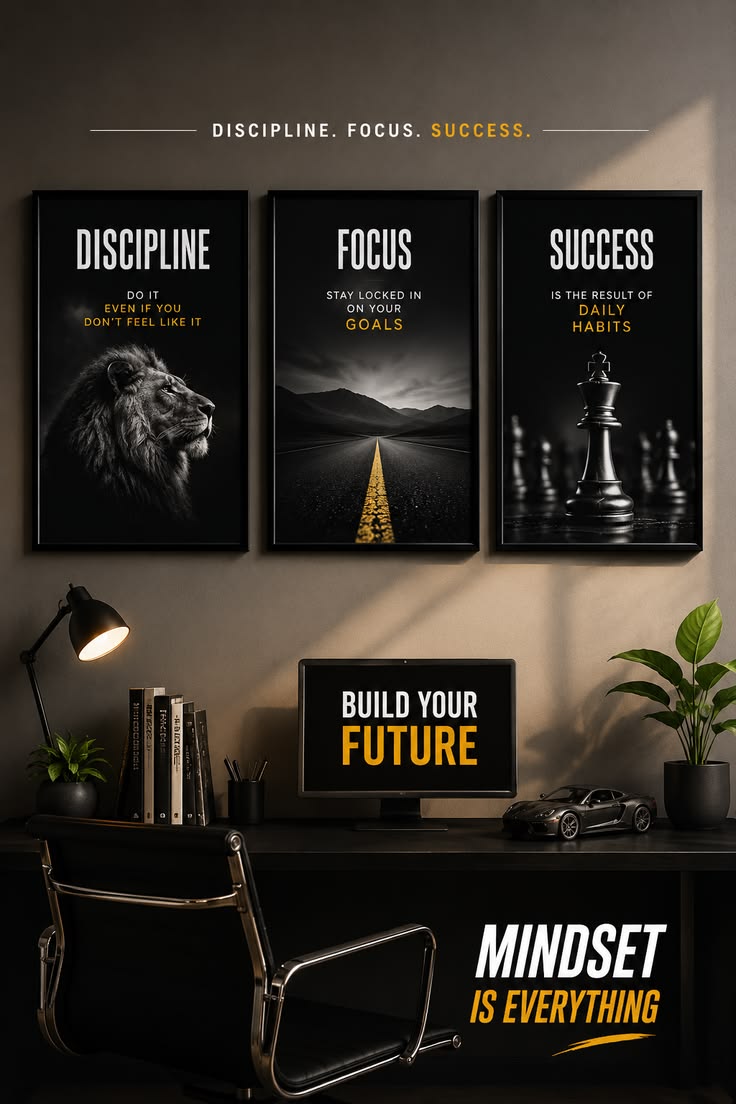 Premium 3-Panel Motivational Art Set (Lion, Road, Chess)