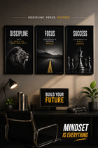 Premium 3-Panel Motivational Art Set (Lion, Road, Chess)