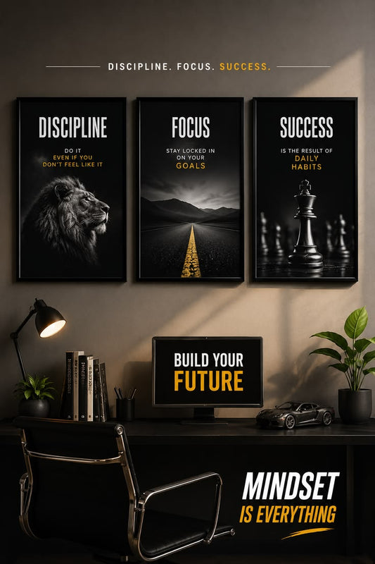 Premium 3-Panel Motivational Art Set (Lion, Road, Chess)