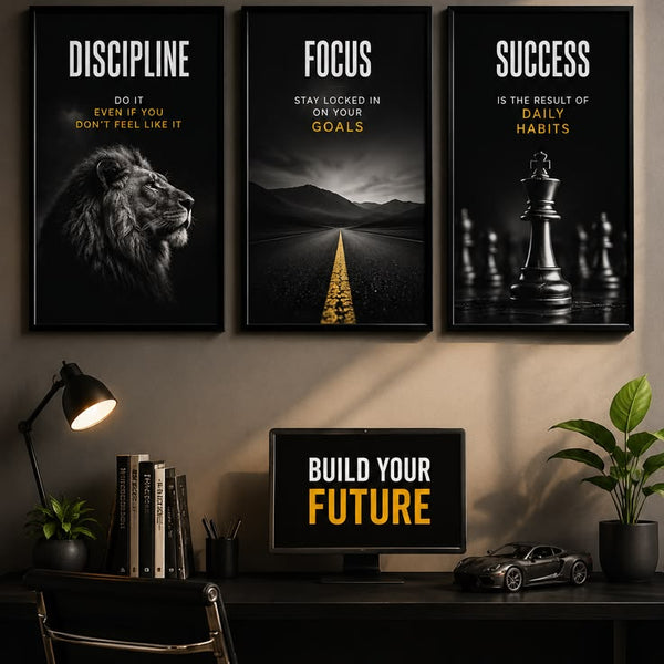 Premium 3-Panel Motivational Art Set (Lion, Road, Chess)