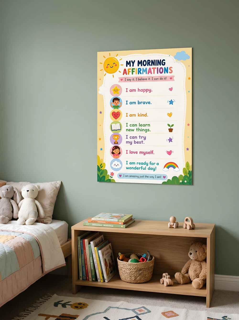 "My Morning Affirmations" Kids Frameless Wall Art
